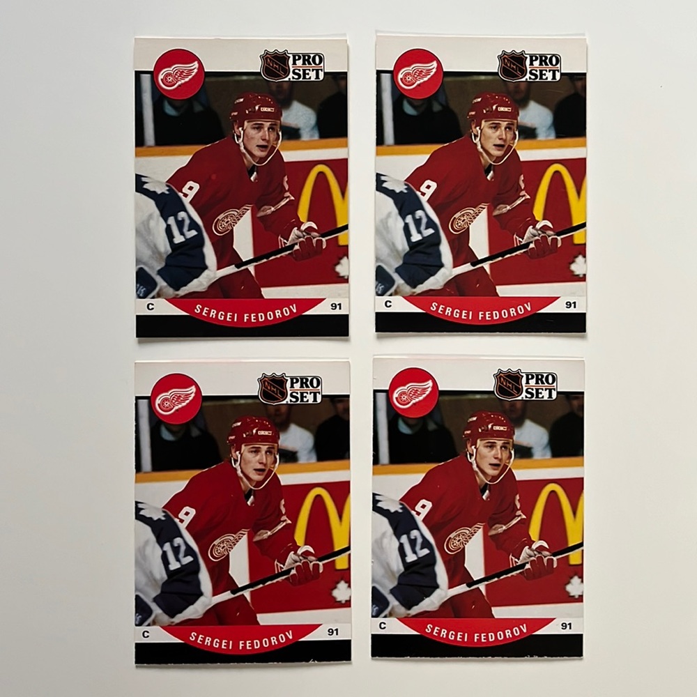 4 CARD LOT 90-91 Pro Set Sergei Fedorov Rookie Card (Shifted Stats Error Card)